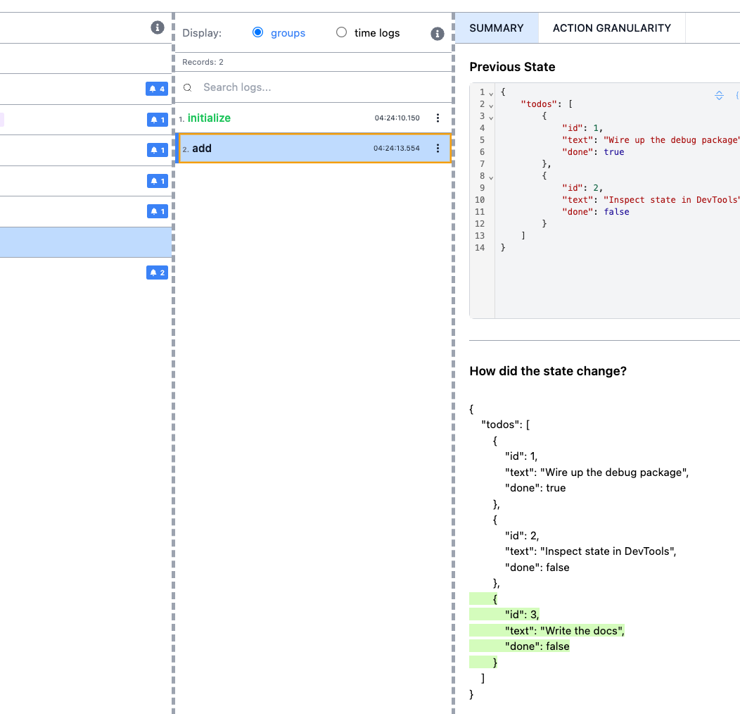 The logs of the todos store grouped by action, showing the add action.