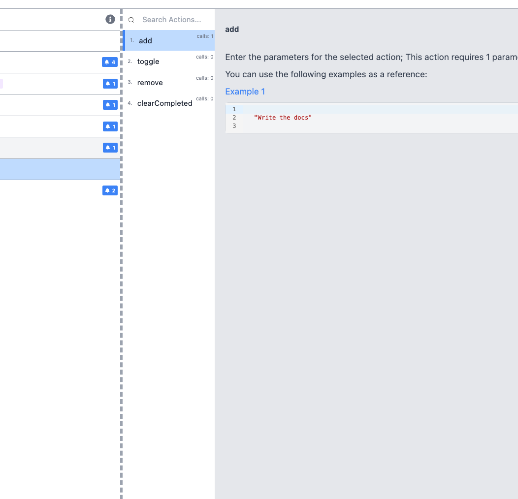 The Actions tab of the todos store.