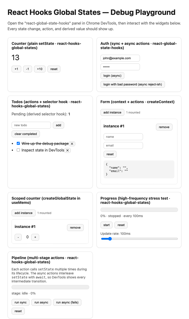 The playground app, a page of cards for the counter, todos and other stores that the panel is connected to.