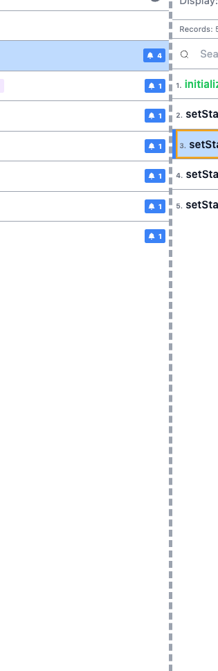 The logs list of the counter store: the initialize record and four setState records.