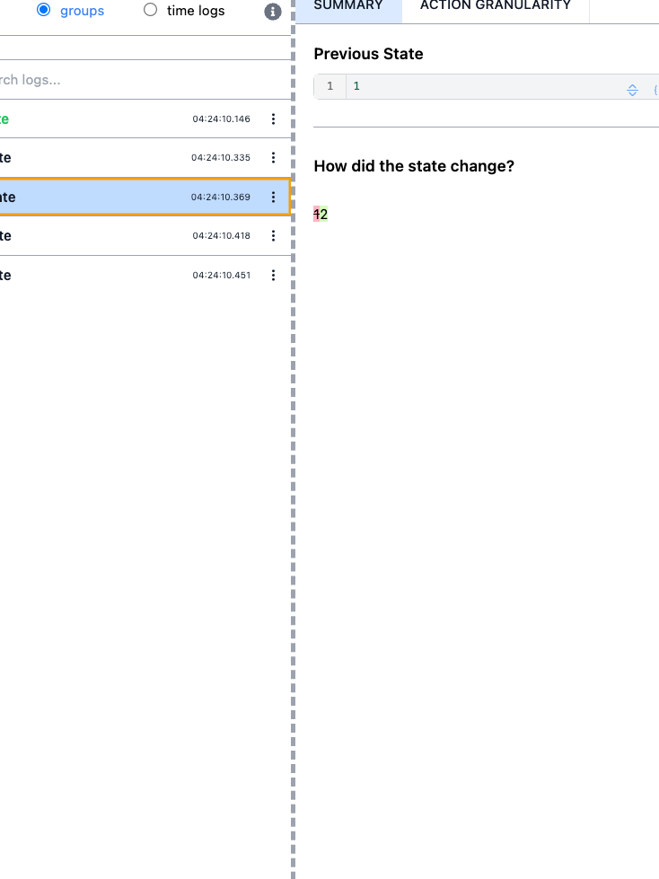 The details pane for a selected log, showing the resulting state and how the state changed.