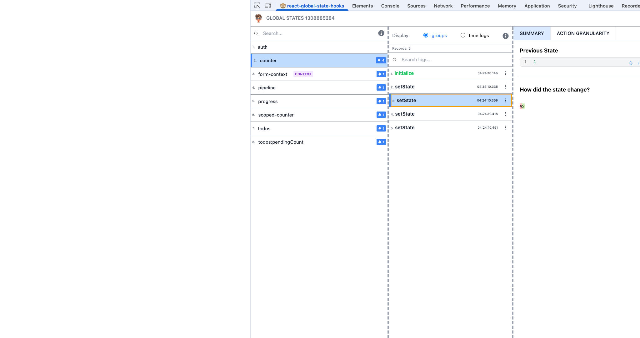 The whole Chrome DevTools window in the light theme, with the react-global-state-hooks panel open on the counter store: the store list, its logs, and the details of one change.